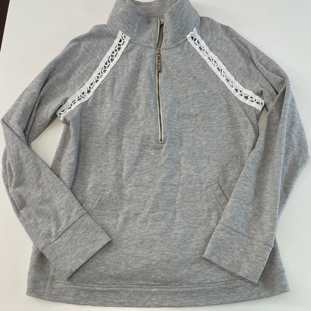 Lilly Pulitzer Skipper Popover Seaside Gray White Lace 1/2 Zip Pullover Medium